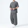 Verão 2026 Estilo Chinês Fino Masculino Retrô Terno Tang Chinês Tamanho Grande Solto Seda Gelada Manga Curta Camisa Conjunto Masculino
