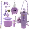Conjunto de Acessórios para Garrafa de Água Stanley em Estoque Transfronteiriço com Corrente de Flores, Tampa com Canudo, Corrente com Pingente de Bola de Pelúcia Venda por Atacado
