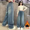 Calça Jeans Forrada com Fleece para Meninas 2026 Nova Outono/Inverno Calça de Cintura Alta Wide Leg Média/Grande Calça Solta Comprida para Crianças Calça Longa Quente