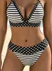 Borde a rayas blancas y negras con lunares, bikini sexy con cuello halter, diseño push-up, braguita de triángulo de cintura media, perfecta para unas vacaciones en la playa