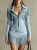 Vestido mini de manga longa com franjas estilo Western Americano transfronteiriço, decote V profundo, zíper, caimento justo, bodycon, vestido de festa europeu e americano