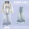 Conjunto de moletom com gola xadrez e blocos de cor para meninas, estilo universitário, com jeans estampado de estrelas fofo, para primavera e outono