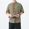 2025 Nova Camisa Masculina de Algodão e Linho Estilo Chinês de Verão Tendência Manga Curta Tamanho Grande Combinação de Cores Retrô Casual Terno Tang