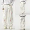Roupa Masculina Fengshe / Calça Jeans Branca de Cintura Alta, Corte Amplo e Pesado, com Design Curvo Único, Grafite Colorido Único, Luxo Leve