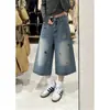 Calça Jeans Cropped Wide-Leg Bordada Vintage para Mulheres, Novo Estilo de Verão, Tamanho Plus Size, Caimento Solto, Calça Reta Emagrecimento para Corpo em Formato de Pera