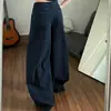 Estilo perezoso jeans de lunares azul profundo de cintura alta con pierna curva para mujer, pantalones anchos relajados de pierna ancha de verano con temperamento, en stock