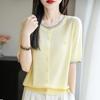 2025 Nuevo Verano Tencel Lyocell Cuello Redondo Punto Manga Tres Cuartos para Mujer Combinación de Colores Holgado Versátil Top