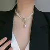 Collar de Clavícula Coreano Simple Retro Elegante con Incrustaciones de Perlas y Diamantes, Doble Capa de Cuentas, Versátil, Diseño Francés de Alta Gama