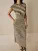 Vestido Longo Europeu e Americano Novo Listrado Emagrecedor Gola Redonda Bodycon Justo ao Corpo Para Ir ao Trabalho Namoro Temperamento Manga Curta