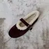 Zapatos Mary Jane Calientes de Moda de Cuero Suave Bailarinas Planos para Mujer Suela Plana Más Terciopelo Una Correa Zapatos de Piel Sintética Zapatos de Algodón para Mujer Marrón Invierno