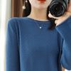 Top de punto de manga larga para mujer, estilo nuevo de primavera y otoño, algodón puro, cuello redondo, borde enrollado, forma de diamante, suéter calado con borde enrollado, camisa base de corte holgado