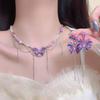 Collar de cuentas de cristal rosa con mariposas, elegante y fresco, para mujer, ligero, lujoso, de alta gama, con aretes tipo gargantilla y cadena para clavícula.
