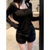 Ins Sexy Spice Girl Estilo Desejo Puro Camiseta Gola Pendente Renda Costurada Grupo Slim-fit Emagrecimento Manga Longa Top