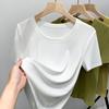 Camiseta de Manga Curta em Modal para Mulheres 2025 Nova Camiseta Feminina de Gola Redonda com Aba Larga Cor Lisa Cintura Elástica Top Justo