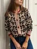 Suéteres Retro de Otoño e Invierno Europeos y Americanos Transfronterizos Moda Amazon para Mujer Versátil Bloques de Color Estampado de Leopardo Manga Larga Tejido Talla Grande