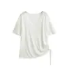 Camiseta Azul de Manga Corta Off-Shoulder para Mujer, Diseño Verano 2026, Suéter Irregular con Cinturón de Corbata, Top Adelgazante, Moderno