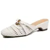 Versión de Piel de Oveja~Mocasines Cuadrados Pequeños Estilo Francés para Mujer, Sandalias Transpirables Tejidas Huecas Slip-On con Correa de Hebilla para Uso en Exteriores