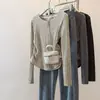 Camiseta de Punto Canalé Plisada de Manga Larga Talla Grande para Mujer, Nuevo Estilo Coreano para Otoño e Invierno, Adelgazante y Favorecedora de la Figura, Camiseta Básica de Hombro Normal