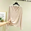 Ropa Exterior Camiseta de Manga Larga de Algodón Modal para Mujer Primavera y Verano Talla Grande con Capucha Cuello en V Holgada Camiseta Básica Color Sólido Pulóver Top Delgado
