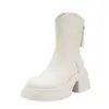 Botas Martin Femininas Chuyuji de Solado Grosso para Aumentar a Altura, Estilo Britânico, Zíper Traseiro, Botas Finas com Corte em V, Salto Grosso, Botas Brancas de Cano Curto