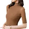 Camiseta de otoño con cuello medio alto y manga media fina de malla base para mujer, camiseta de manga corta entallada con media manga interior, top adelgazante de moda