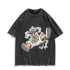 Camiseta Vintage Lavada com Estampa de Anime Japonês Nika Forma 5 Luffy, Manga Curta de Algodão