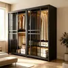 Armario de acero con puertas correderas, armario negro con puerta de cristal de cresta larga, armario de almacenamiento de gran capacidad para dormitorios del hogar