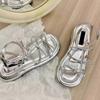 Sandalias Hermosas Estilo Francés Estilo de Hada 2024 Nuevo Lazo Plateado Punta Abierta Tacón Grueso Playa Mar Zapatos Romanos para Mujer
