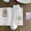 Calcetines Joyería Azules y Blancos para Mujer, Calcetines Lolita de Media Pantorrilla con Lazo, Calcetines Japoneses Rizados, Calcetines Dulces de Encaje