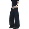 Pantalones de Mezclilla con Parches Cruzados de Marca de Moda Botón Arriba para Hombre Verano High Street Pantalones de Pierna Ancha Pierna Recta Suelta Pantalones Largos con Caída
