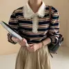 Camiseta Longa Color Block Stripe de Renda Francesa de Alta Qualidade Feminina Dongdaemun Coreana