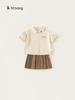 Traje de Verano Jardín Bangxuan Ropa para Niños Traje de Actuación Falda Plisada para Niña Camisa Estampada con Solapa Conjunto de Dos Piezas Traje Estilo Universitario