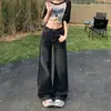 Jeans Negros Nuevos de Cintura Alta Estilo Retro Americano Bigotes Costura Expuesta Adelgazantes Pierna Recta Suelta Ligero Acampanado