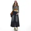 Jeans de pierna ancha cropped vintage azul grisáceo transfronterizos para mujer, pantalones rectos holgados de longitud media desgastados para principios de otoño con estampado Yichun