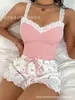 Conjunto de Camisola de Encaje y Shorts para Casa Transfronterizo Europeo y Americano Cómodo Elástico para Ocio en Casa Se Puede Usar Afuera Pijama para Mujer