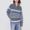 Suéter de punto a rayas bicolor con media cremallera para mujer, prenda de abrigo para otoño e invierno, corte holgado casual, tejido que rejuvenece para mujer