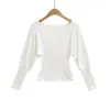 Tricô com Manga Morcego Estilo Desejo Puro com Forro de Lã e Decote V para Mulheres no Outono e Inverno, Camada Interna que Marca a Cintura, Top de Manga Longa Justo