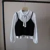 [Bizheng] Otoño 2025 Nuevo Estilo Coreano Camisa Dulce Rayada con Lazo y Chaleco Tejido para Mujer 5091