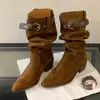 Botas Elegantes de Bico Fino com Pregas Empilhadas para Mulheres, Estilo Retro Preguiçoso, Efeito Emagrecedor, Salto Bloco, Botas Western Longas de Bico Fino