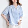Camisa Rosa de Algodón Cocoon con Cuello en V y Mangas Cortas para Mujer, Nuevo Estilo Verano 2026, Diseño de Abertura Lateral, Blusa de Algodón Puro