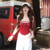 3550 # Desejo Puro Vermelho Quente Menina Bonita Renda Bordada Gola Halter Camisole Novo Verão Feminino Top Exterior