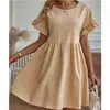 Gran Stock de Vestidos de Algodón y Lino para Sitios Independientes de Comercio Exterior Femenino Transfronterizo de Amazon, Vestidos de Bolsillo Sueltos de Algodón y Lino con Cuello Redondo