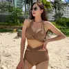 Nuevo Estilo Coreano Lujo Accesible Bikini de Puro Deseo Tira Cruzada Espalda Descubierta Cintura Alta Cubierta Color Sólido Pierna Dividida Traje de Baño para Mujeres