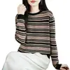 Top de base a rayas de jacquard de lana fina transfronterizo para mujer, nuevo, 100% lana, corte ajustado, favorecedor, estilo retro francés, manga larga