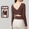 Top de Manga Larga Hueco Cruzado en la Espalda para Mujer, Hermosa Espalda, Yoga, Ropa Corta de Fitness, Chaleco Deportivo para Entrenamiento de Pilates