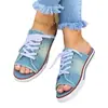 Comercio exterior 2021 verano Nuevas sandalias de mezclilla para mujer talla grande con tira cruzada planas peep toe
