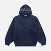 Moletom com Capuz Cruzado Europeu e Americano Outono Retrô Strass Diamante Céu Estrelado Unissex Moda de Rua Pulôver Moletom Preto