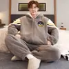 Pijama com Zíper Masculino Outono Inverno Coral Fleece Espessado Mais Veludo Quente Jovens Cardigan Roupas de Casa Conjunto Casual Masculino