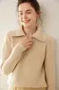 Suéter Feminino de Gola Lapela com Meio Zíper Malha Cashmere Camada Base Cor Lisa Manga Longa Elegante Solto Casual Simples