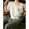 Camiseta de Hombro de Manga Corta de Alta Gama a la Moda para Mujer Verano Cuello Clavícula Holgada Adelgazante Elegante Top Versátil